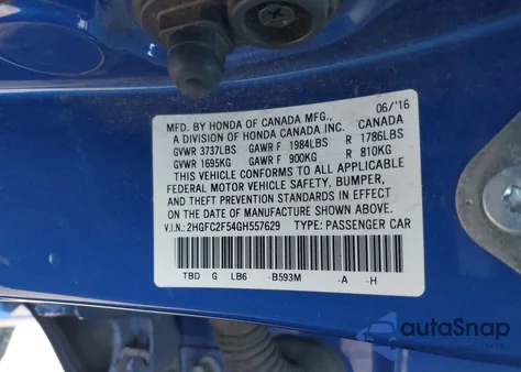 2016 Honda Civic Lx из США, поврежденный, VIN 2HGFC2F54GH557629